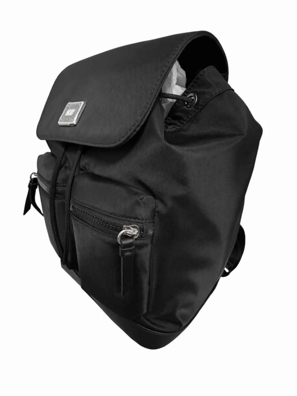 DKNY Damian Black Nylon Backpack Logo Flap Laptop Travel Bag NWT